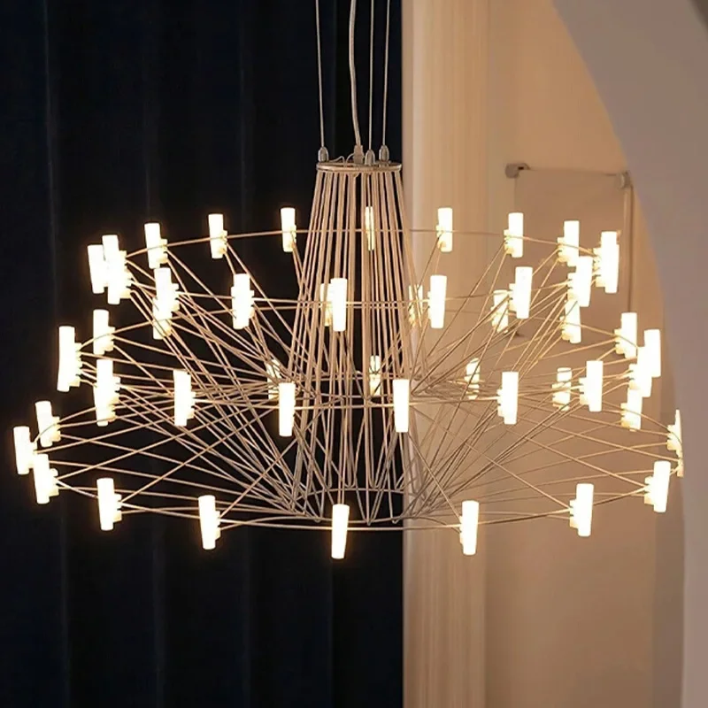 

Postmodern French villa empty duplex living room dining room stairs chandelier