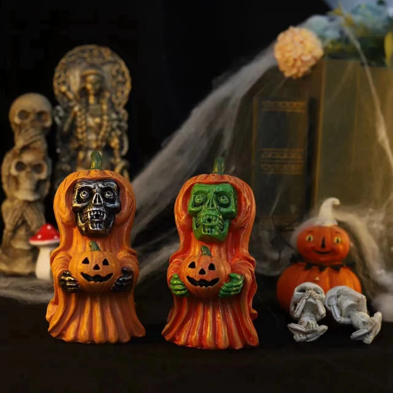 Pumpkin Head Skull Decoration Skeleton Figurines Cool Statue Skull Halloween Skull Horrible Ornaments For Home Decor
