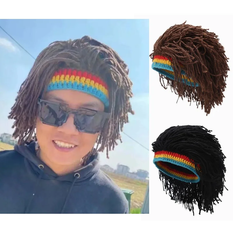 

Мужской синтетический парик, накладная коса, шапка-бини, зимняя вязанная крючком шапка ручной работы, забавная вечеринка на Хэллоуин, хип-хоп, Ямайка, африканский парик, шляпа, реквизит