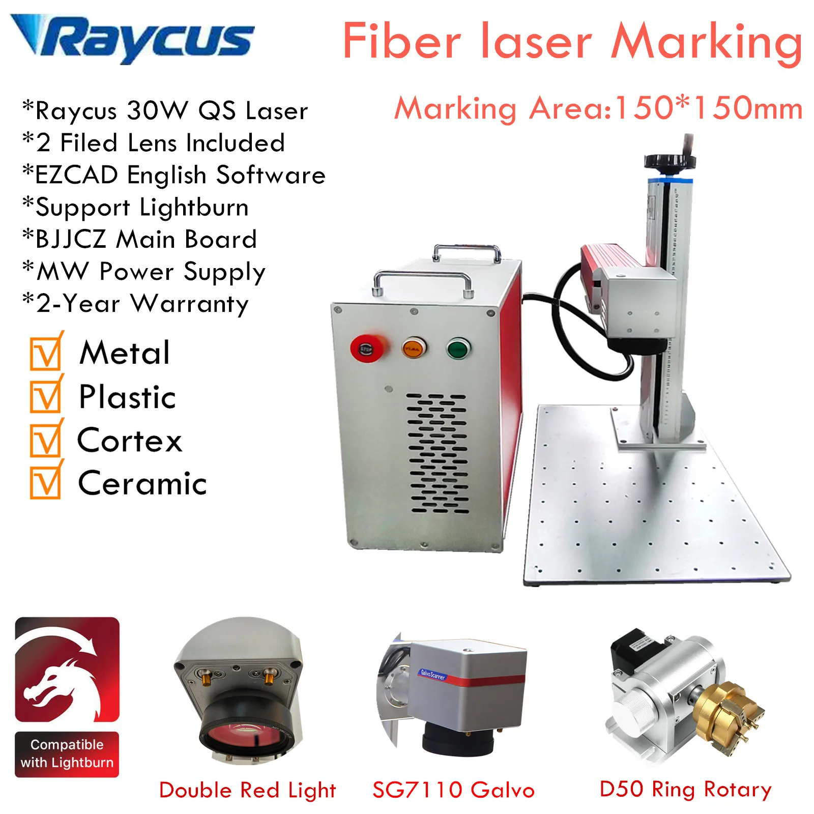 

2024 Hot Sell Raycus 20W 30W 50W Fiber Laser Marking Machine Metal Engraving with Rotary Axis, SG7110 Galvo, Dual Red Light