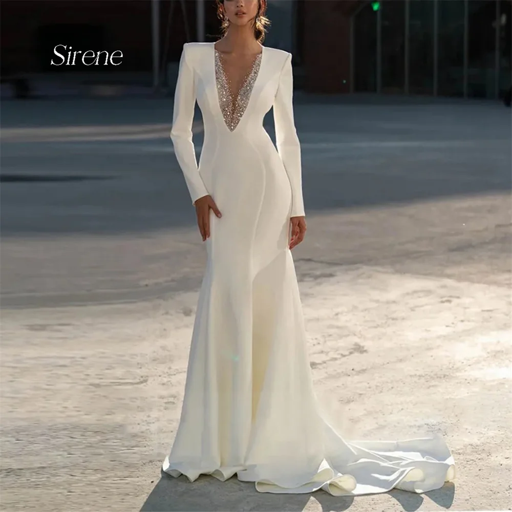 Sirena semplice abito da sposa con paillettes a sirena elegante maniche lunghe lunghezza del pavimento scollo a v profondo Vestido De Novia abiti su misura 2024