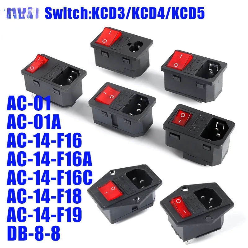 1PCS AC-01 AC-14-F16 Electrical Power Socket 250V Rocker Switch Brass 10A Inlet Plug Connector Computer Mount Outlet With Fuse