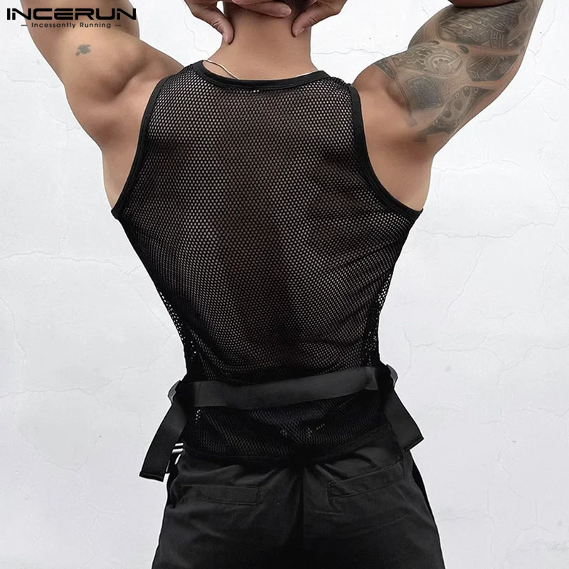 INCERUN Men Tank Tops Mesh Transparent Solid Color Sexy O-neck Sleeveless Male Vests Streetwear 2024 Party Fashion Men Clothing