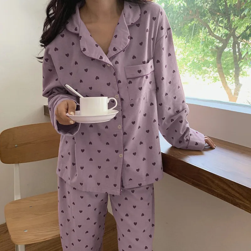 Women Pajamas Sets Spring Summer Autumn 2 Piece Heart Print Pyjama Pants Sleepwear Long Sleeve Buttons Pijama Mujer Pjs Homewear