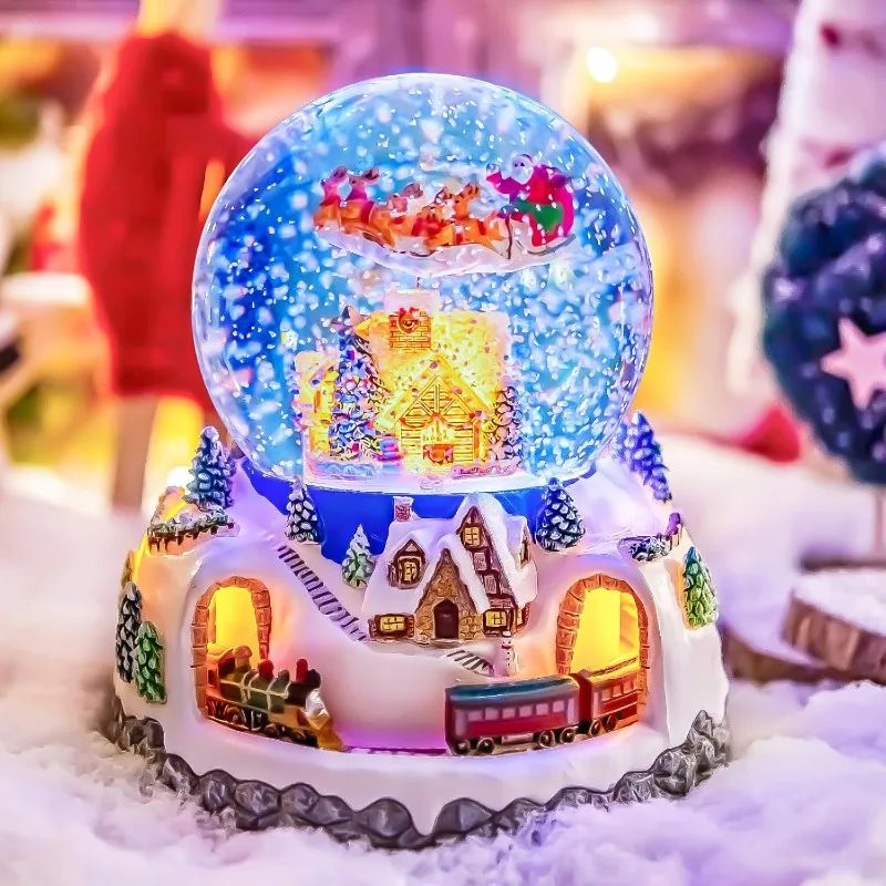 

Rotating Santa Claus Flying Over Village Musical Snow Globe with Train Automatic Snowfall Plays 48 Christmas Carols Music Box