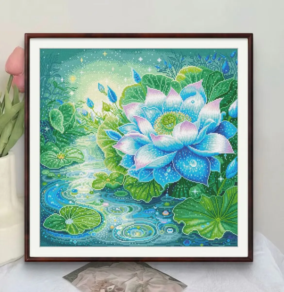 9ct 75x75cm Lotus Embroidery DIY Printed Kit Cross Stitch Cotton Thread Needlework Sets Home Decor Crafts With Needles 50 Colors