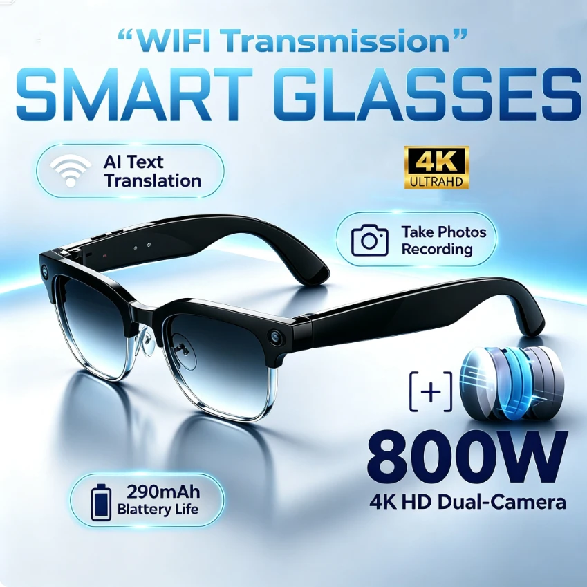 2026 New 8MP HD Camera 4K Half Frame Glasses AI Real-Time Translation 4GB Memory Wi-Fi Image Transfer Waterproof Smart Glasses