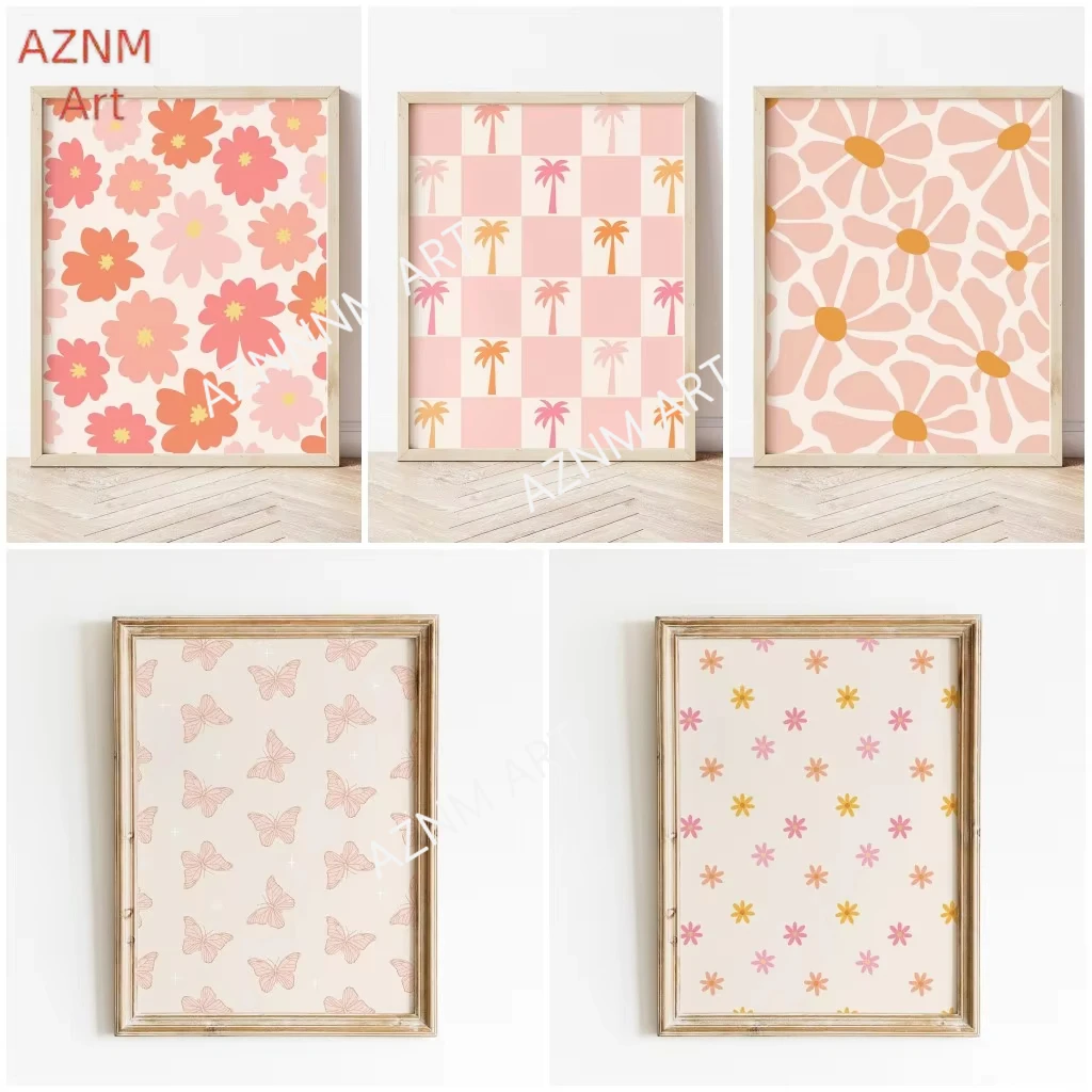 Pink Groovy Boho Spring Flowers Canvas Print Checkered Palms Butterfly Pattern Poster Decorations for Wall Art