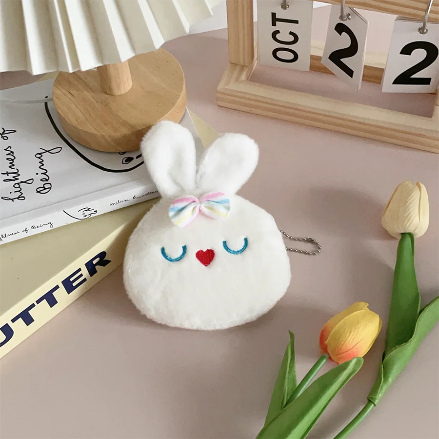 Simpatico fiocco bianco coniglietto portamonete in peluche borsa per auricolari borsa portatile per cavo dati versatile piccolo regalo pendente