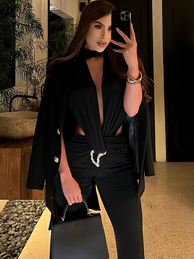 

Cutenew Hollow Waistless Jumpsuit Women Sexy Ruched Metal Cross Bandage Coquette Midnight Workout Hipster Stretch Overalls