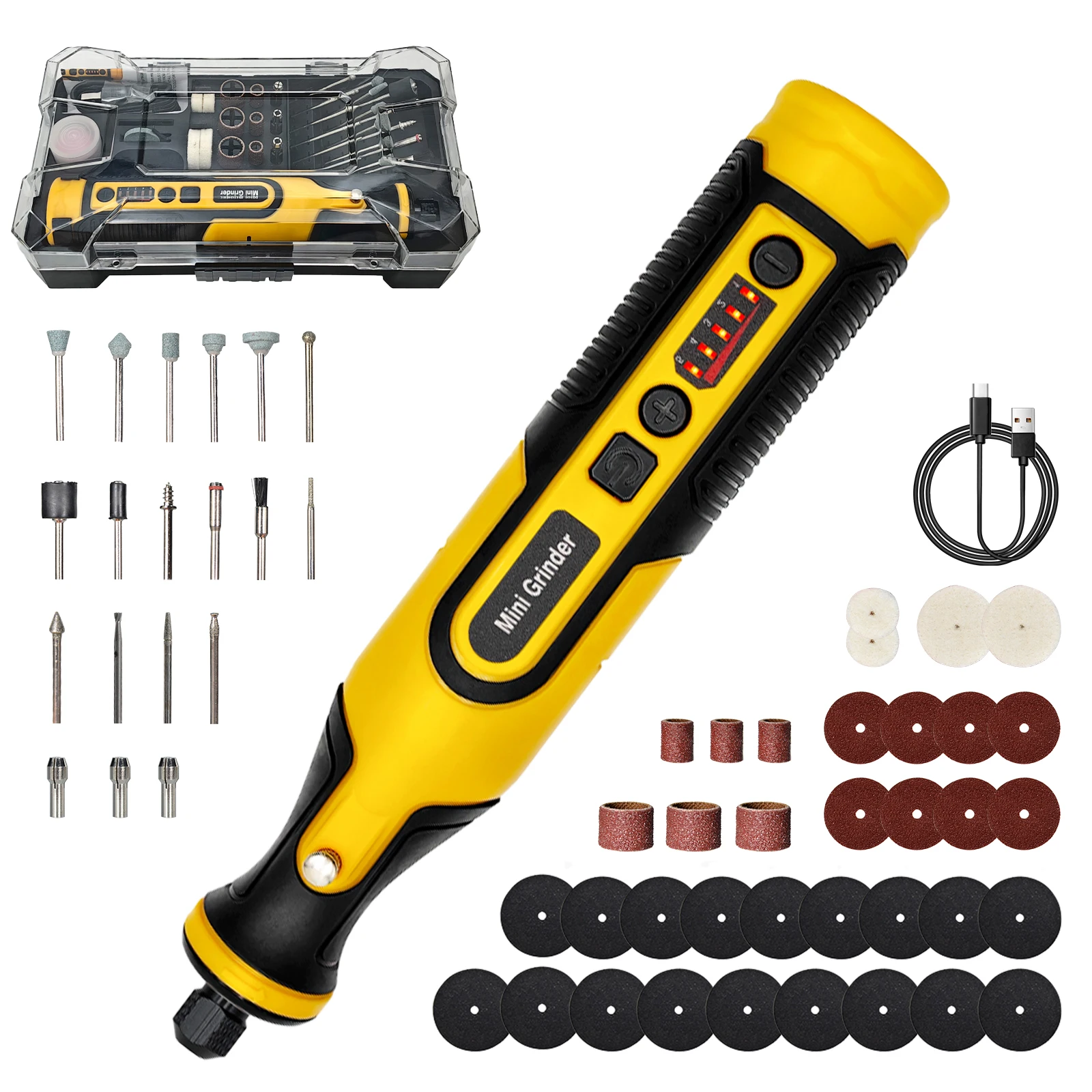 Kit de Ferramentas Rotativas Sem Fio HoldPeak T7-CTM108 59PCS, Mini Furadeira de 5 Velocidades, Ferramenta de Artesanato para Polimento de Madeira e Jade