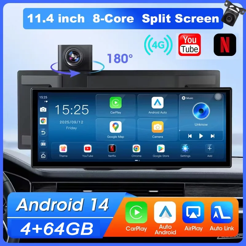 11.4inch 4G Android 14 8+128G Dashcam 8 Core Wireless CarPlay & Android Auto Split Screen Remote Monitoring Car DVR