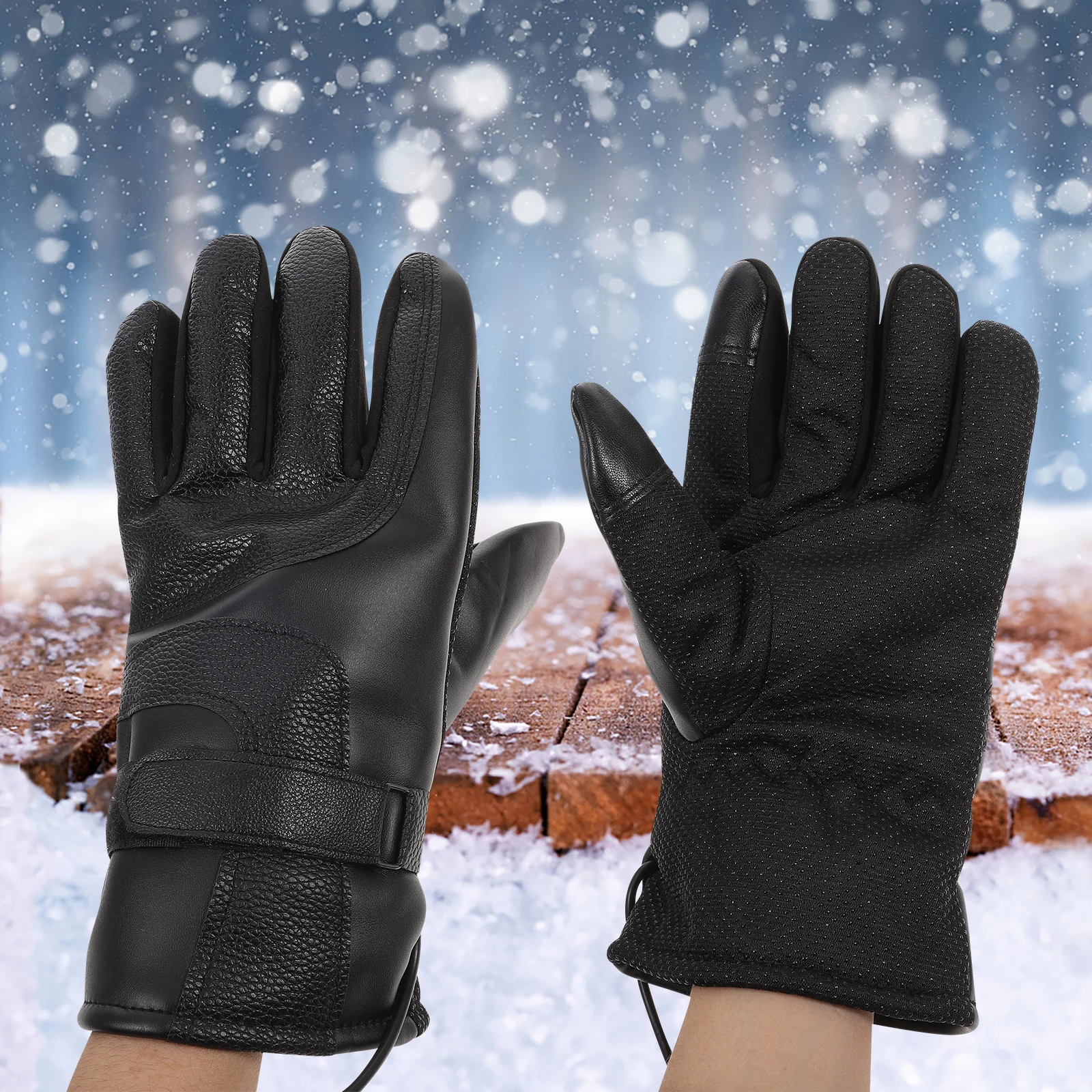 

Heated Gloves Motorcycle Winter Electric Warmers PU Adjustable Size Black Color Waterproof Durability Camp Hiking