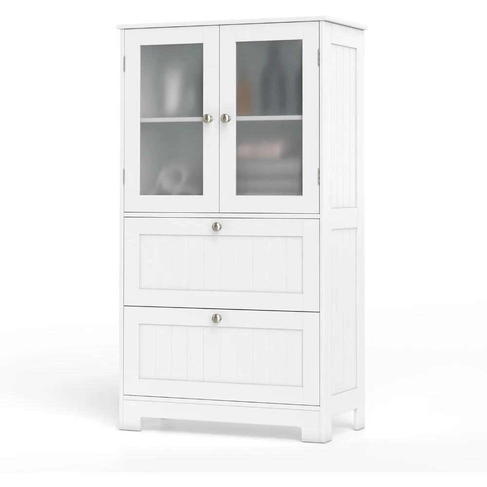 

Bathroom Storage Cabinet w/2 Large Drawers, Tall Pantry Cabinet w/Adjustable Inner Shelf, Frosted Tempered Glass Doors,