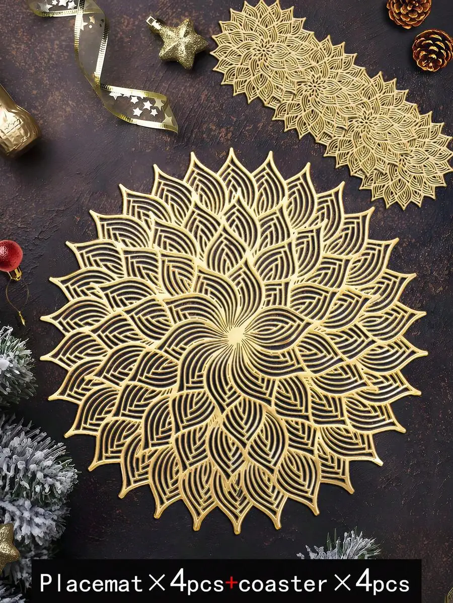 8pcs Set Hollow Flower PVC Placemats And Coasters For Dining Table Decoration