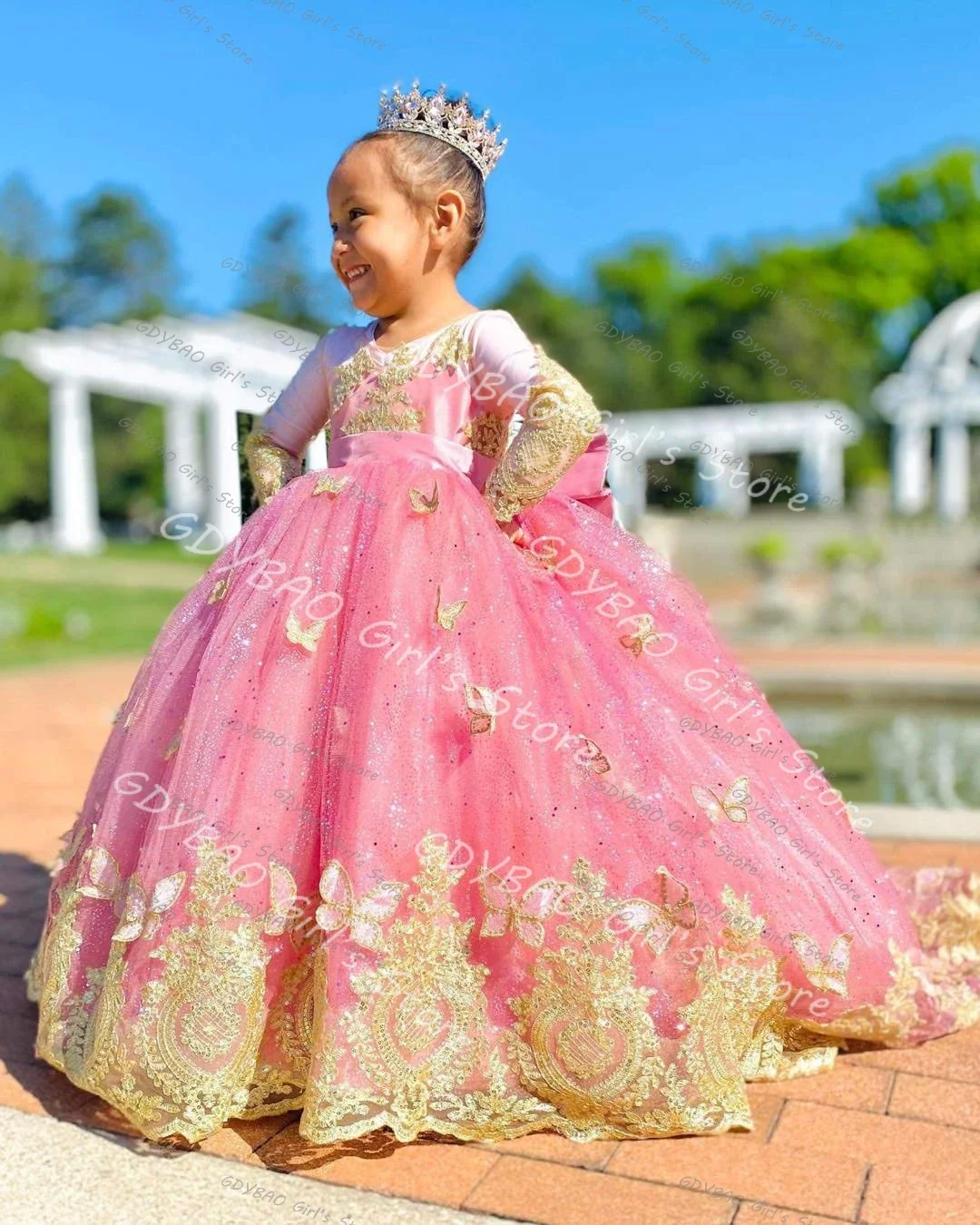 Vestido de princesa de encaje dorado para niñas, vestido rosa de manga larga para boda, vestido de niña de flores con lazo, vestidos de cumpleaños para desfile, hechos a medida