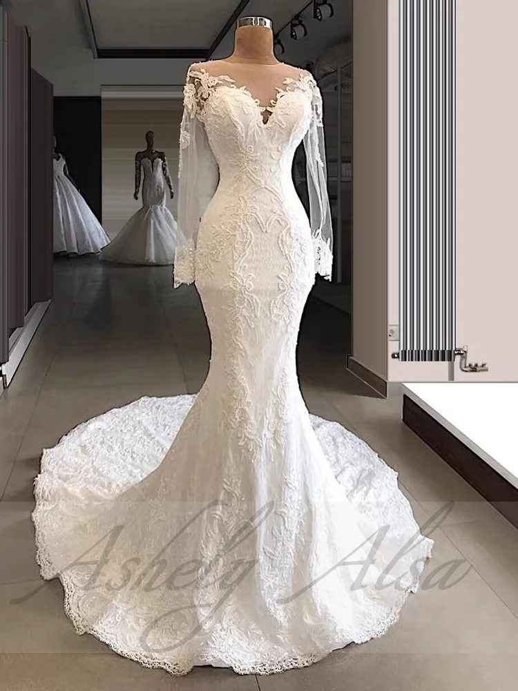 AW18 vestidos de novia elegantes personalizados de princesa para mujer, Vestido de novia de manga larga con Apliques de encaje y botones cubiertos, Vestido de novia para jardín