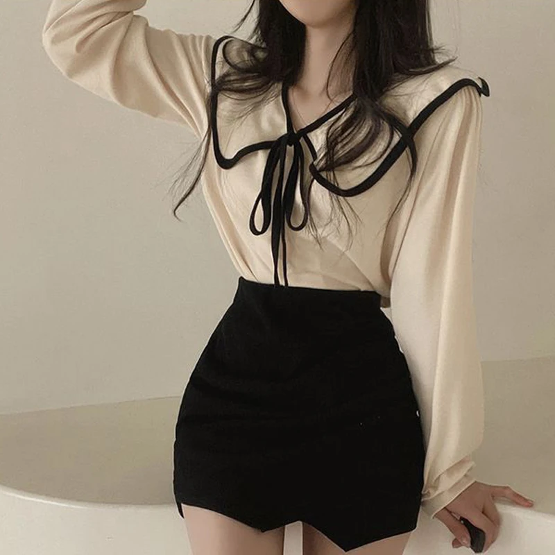 Korea Women Chiffon Shirt Elegant Turn-down Collar Autumn Long Sleeve Single-breasted Female Blouse Sweet Tops Casual Streetwear