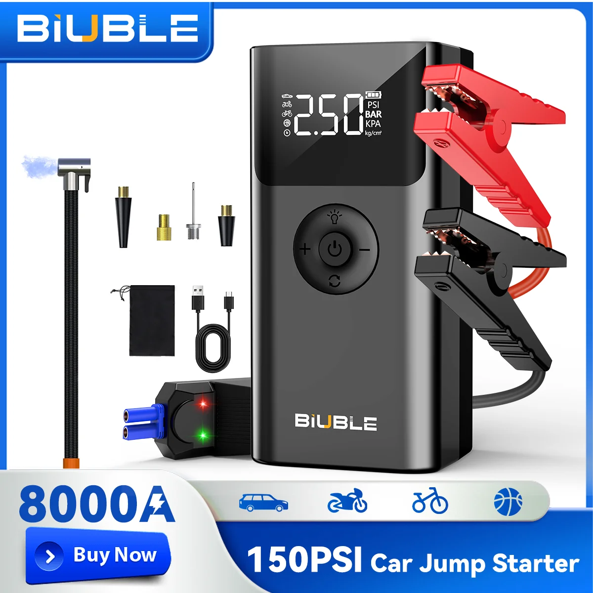 1000A/1500A PEAK Booster Accu Auto Startkabels (voor alle benzine- en dieselmotoren tot 10.0L), met USB-oplaadpoort, LED-lamp - afbeelding 1
