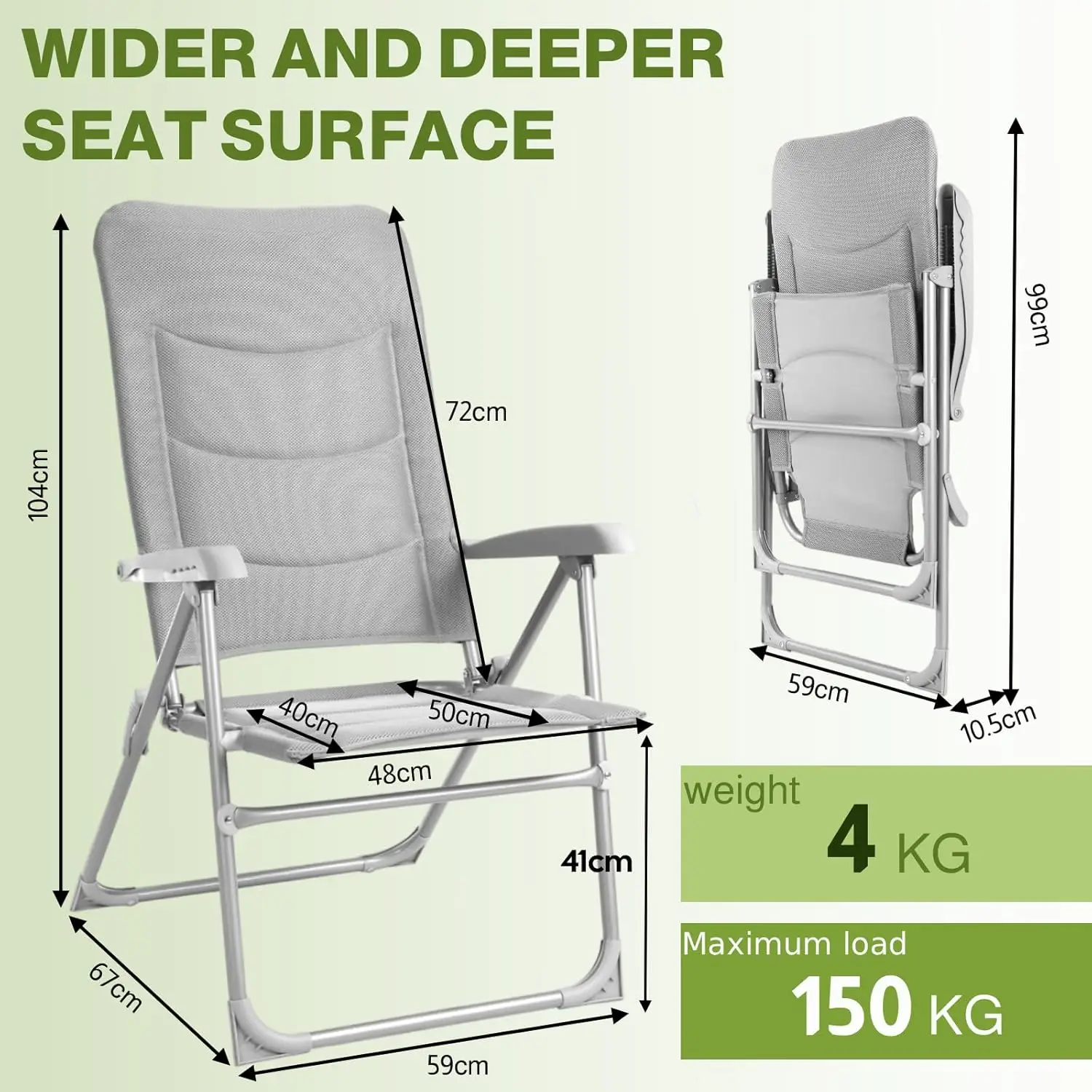 1 Stück Klappbarer Campingstuhl, Gartenstuhl mit verstellbarer gepolsterter Rückenlehne, Aluminium, bis zu 150 kg, für Terrasse, Pool, Angeln