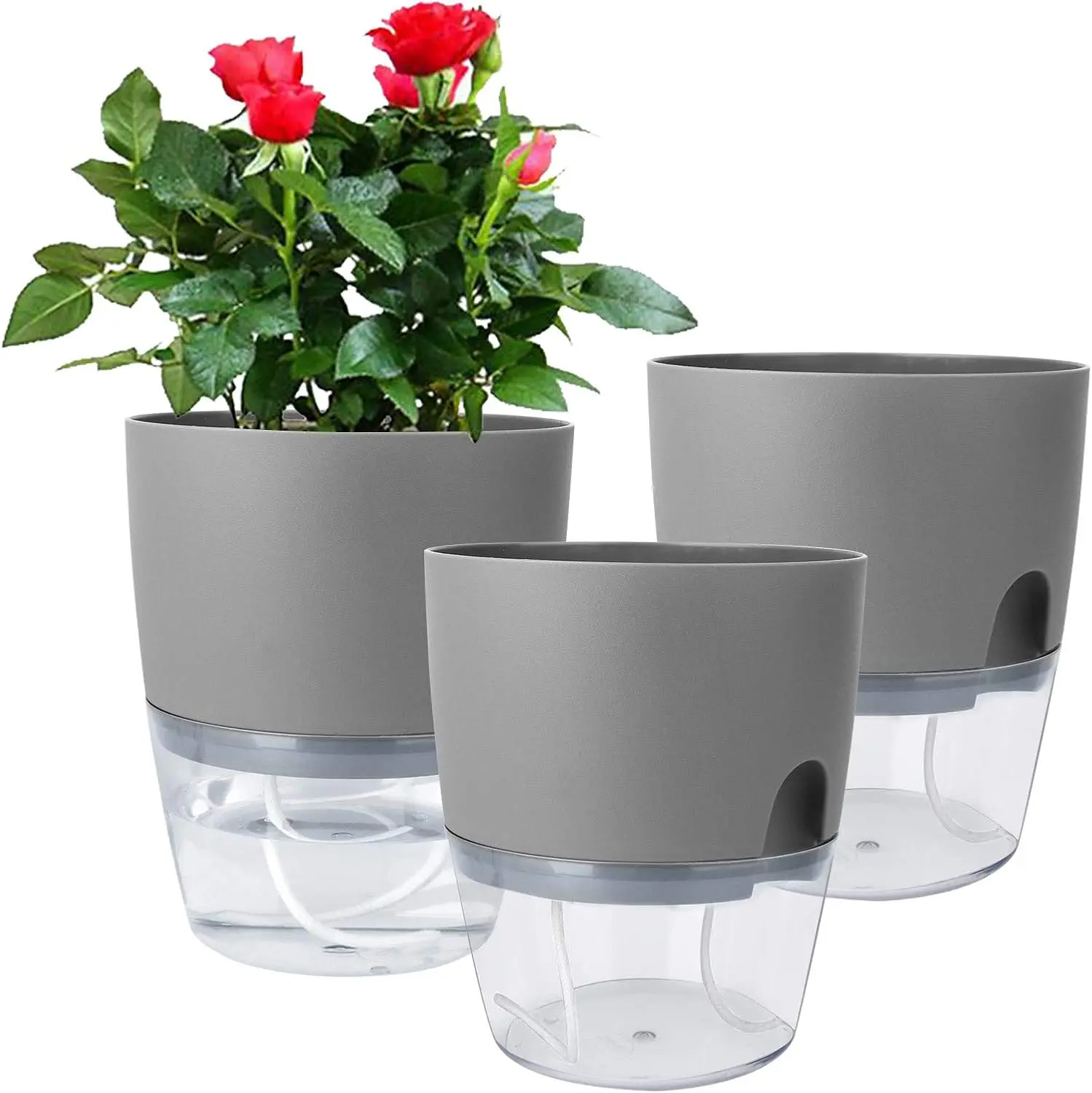 

6-Inch Self-Watering Plant Pots for Indoor Plants, 3-Pack with Wick Rope in Grey
