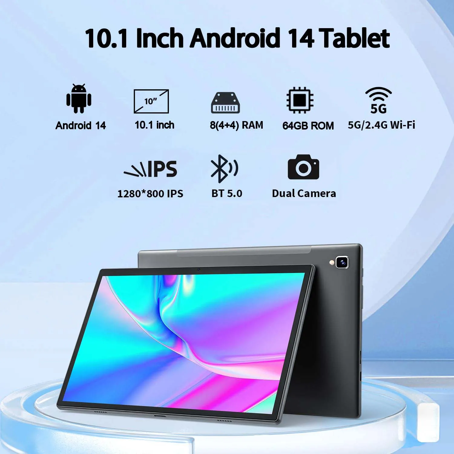 Relndoo 10.1-Inch Tablet Android 14, 8GB(4+4GB Expanded) RAM 64GB ROM, IPS HD Screen, 5MP+8MP Dual Camera, WiFi, BT 5.0, Type C