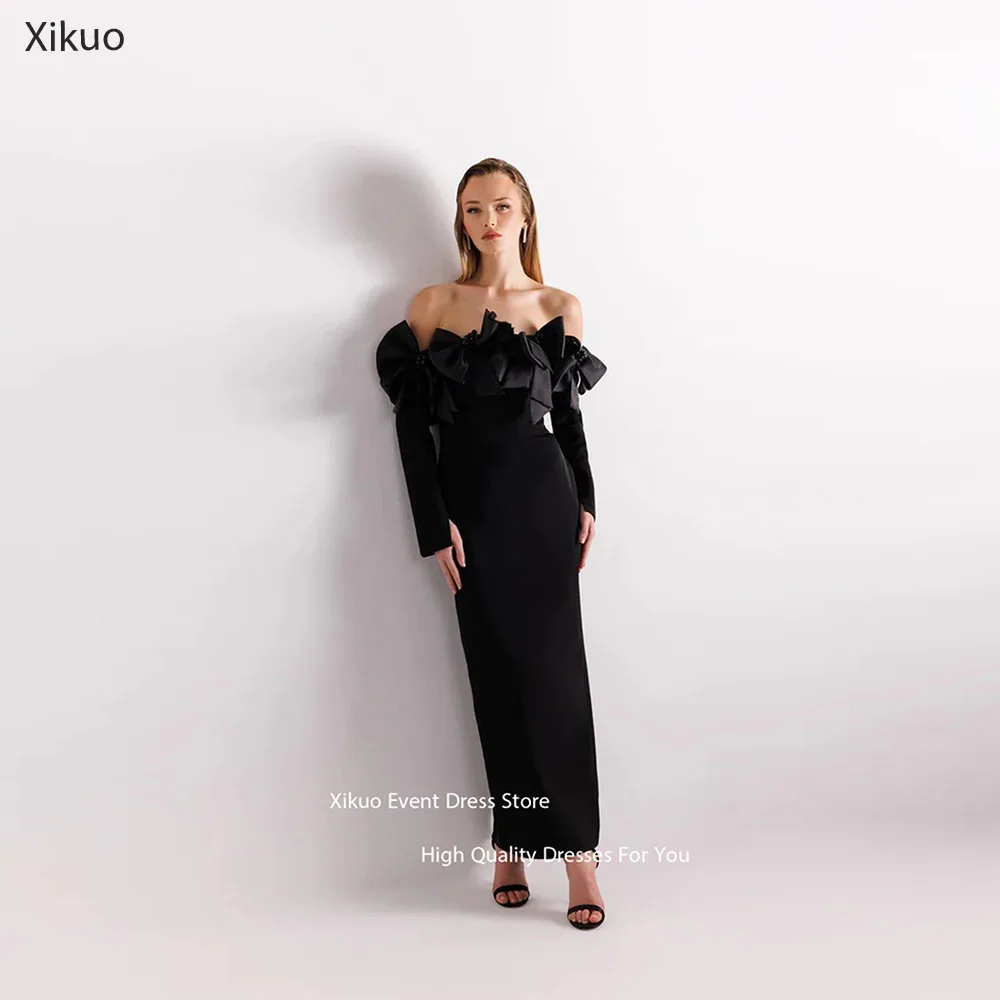 

Xikuo Black Bow Knot Pearl Evening Dress Ankle Length Mermaid Celebrity Dresses Off Shoulder Abiti Da Cerimonia Donna Customized