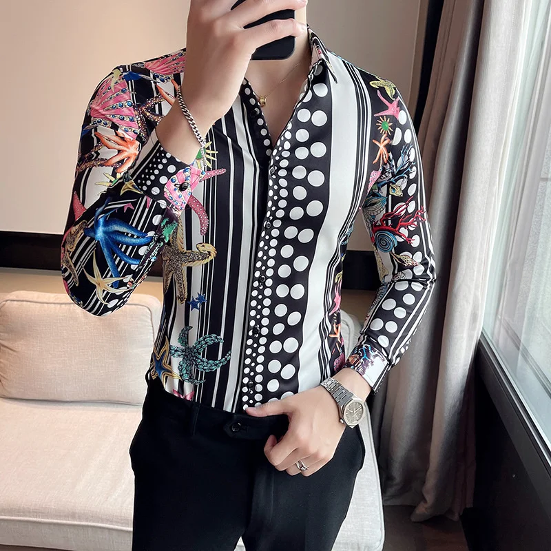 

Luxury Printed Men's Shirt Polka Dot Striped Casual Long Sleeve Slim Business Formal Dress s Social Streetwear Tuxedo