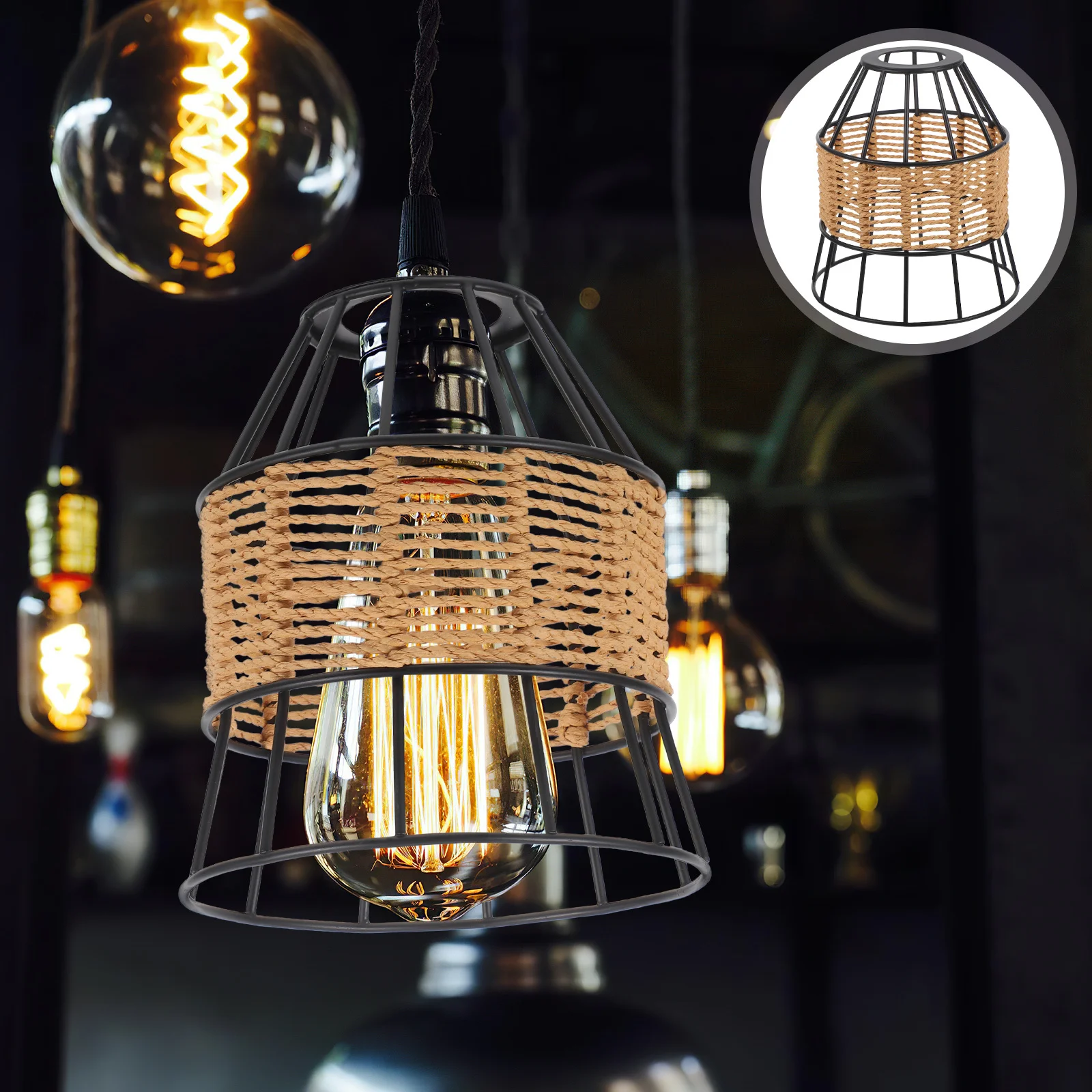 

Retro Iron Lamp Shade: 3-Layer Braided Rope Woven Pendant Light Cover E27 For Ceiling Floor Table Lamp Vintage Decorative