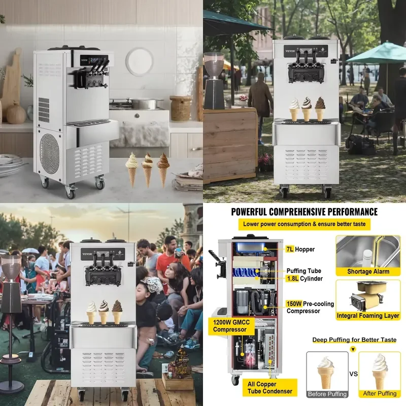 for Vevor Commercial 2450W Ice Cream Maker 2+1 Flavor Soft Serve Frozen Yogurt Machine for Snack Bar Cafe Fruit Chocolate