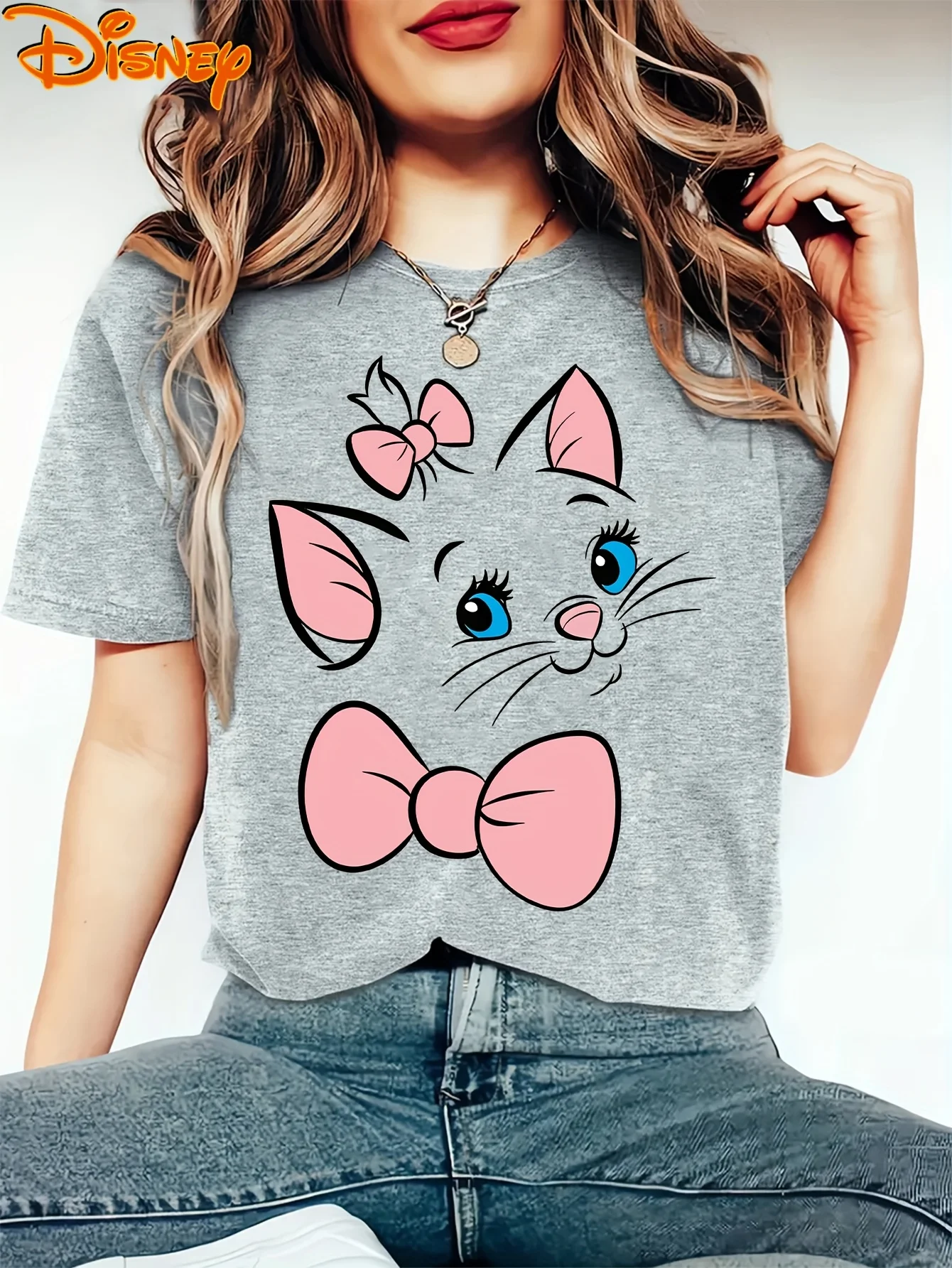 MINISO 여성용 디즈니 마리 고양이 티셔츠 오넥 반팔 캐주얼 오버사이즈 편안한 스트리트웨어 탑 의류 휴가