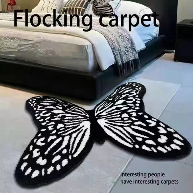 

Nordic Light Luxury Black And White Butterfly Shaped Carpet Living Room Sofa Area Rug Bedroom Decor Soft Bedside Flocking Carpet