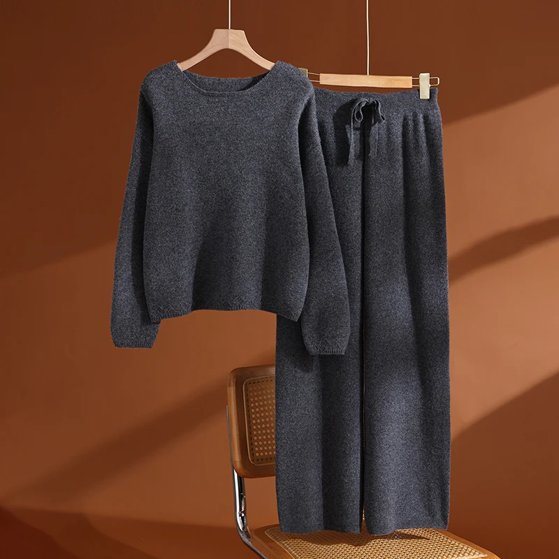 CHICUU Women 100% Wool Suit Slash Neck Pullover Sweater Wide Leg Pants Wool Knitwear Autumn Winter Wool Outfit High Quality