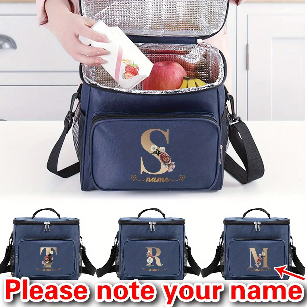 

Customizable Name: Blue Lunch Bag Insulated Handbag Rose Gold Series Multi Functional Picnic Lunch Box Waterproof Lunch Box