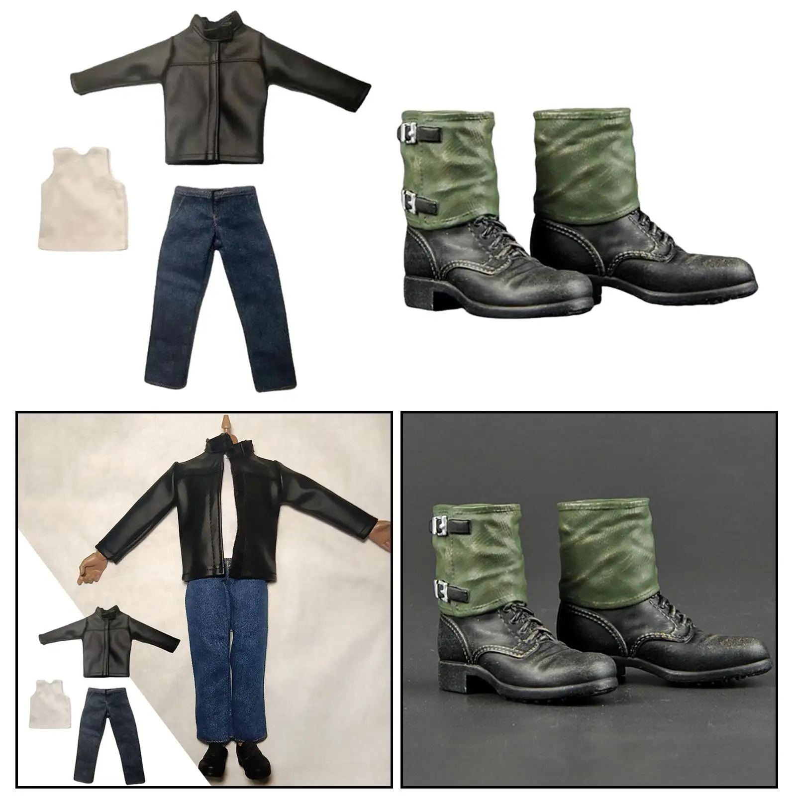 1/6 Casual Leather Jacket Jeans Clothes Suit with Boot Shoes for 12inch Action Accessory