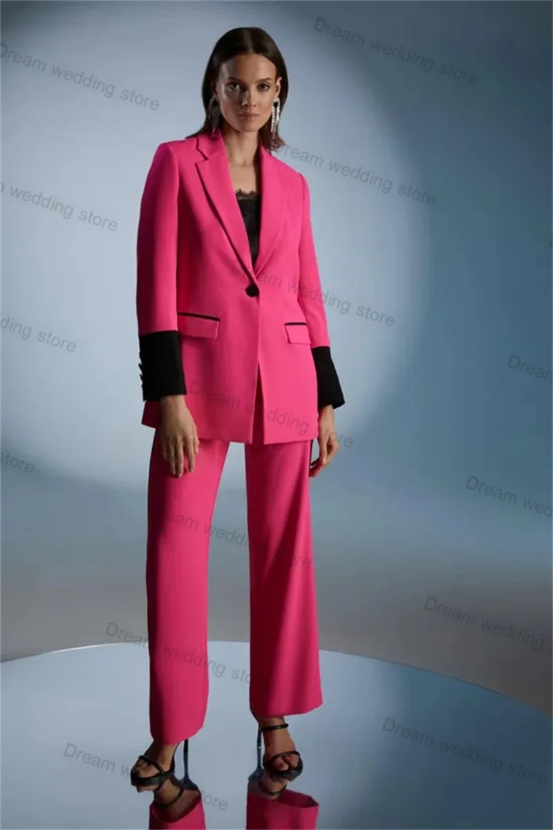 

Pink Black Women Suits Set 2 Pieces Blazer+Pants Formal Cotton Splicing Color Wedding Tuxedo Custom Made Jacket Office Lady Coat