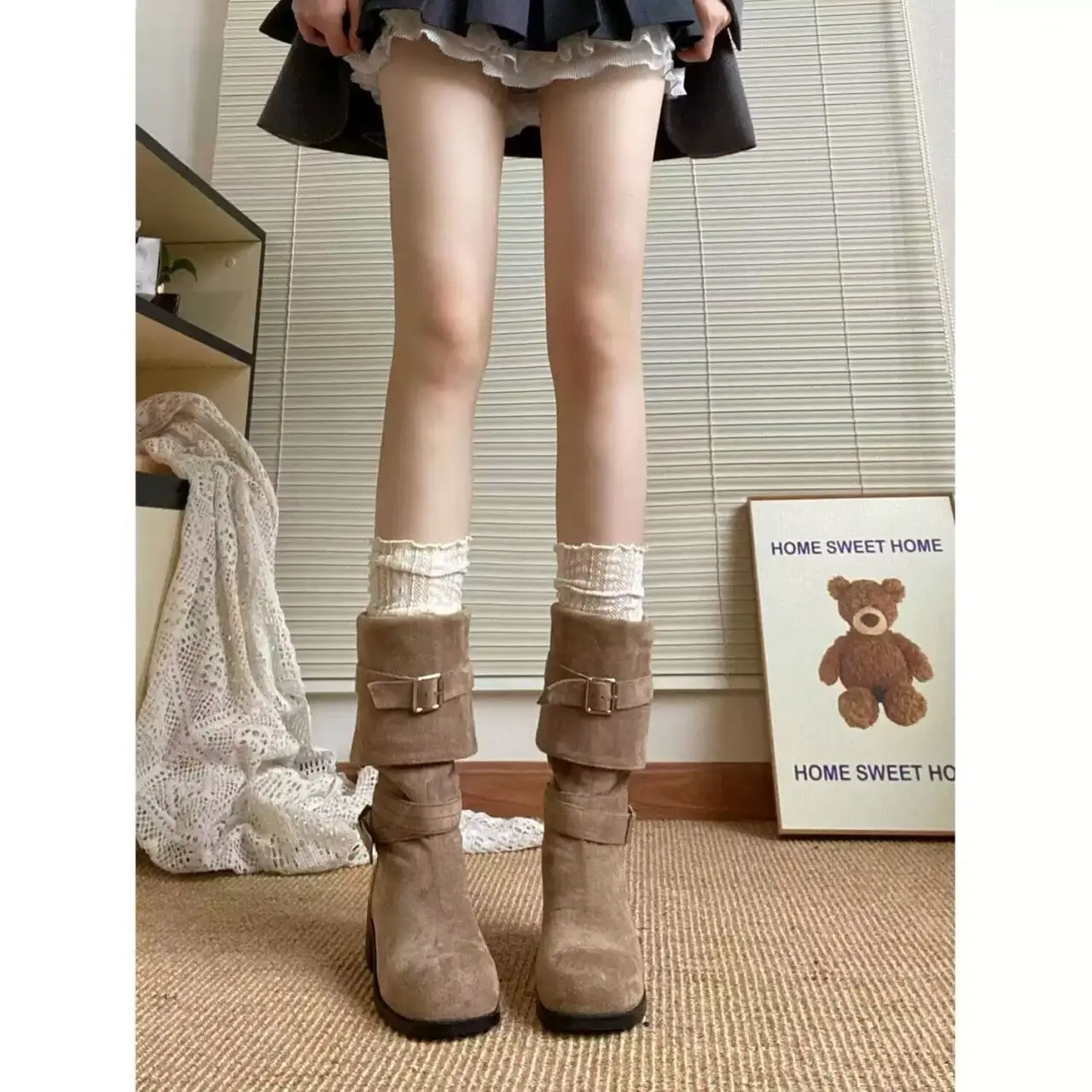 Pleated Pile Boots For Women, Thick Soled Boots With Thick Heels, 2024 Western Cowboy Shoes, Versatile Height