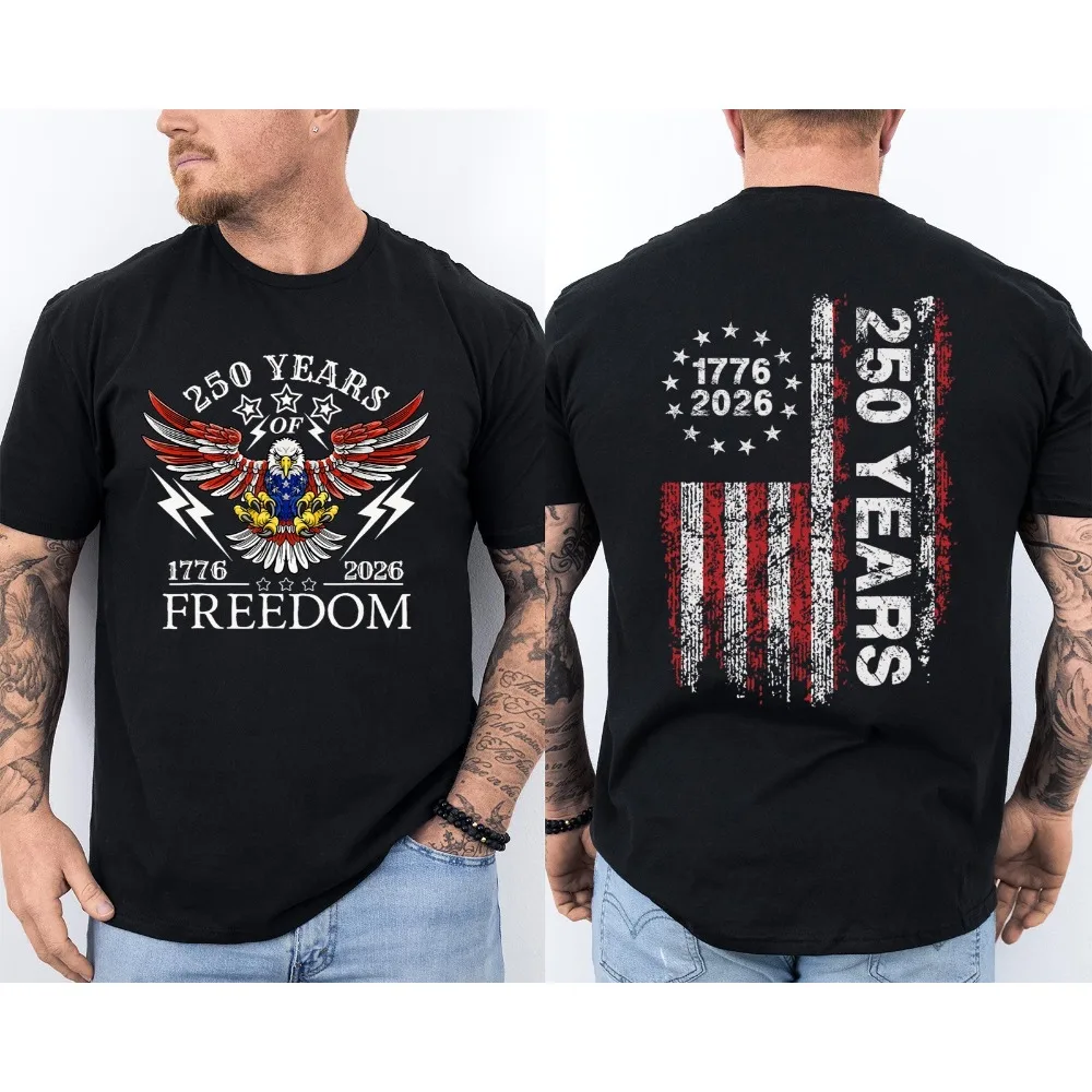 Camiseta Unisex de Algodón de Manga Corta con Doble Cara, Diseño Patriótico de Águila y Bandera de EE. UU. para el 250 Aniversario de América (1776-2026)