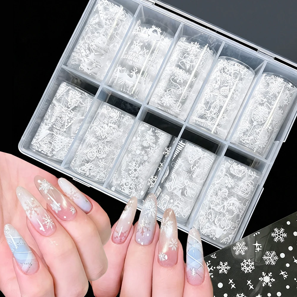 10Roll 4x50CM White Snowflake Christmas Transfer Nail Sticker Gingerbread Man Reindeer Christmas Tree Nail Transfer Foils Paper#