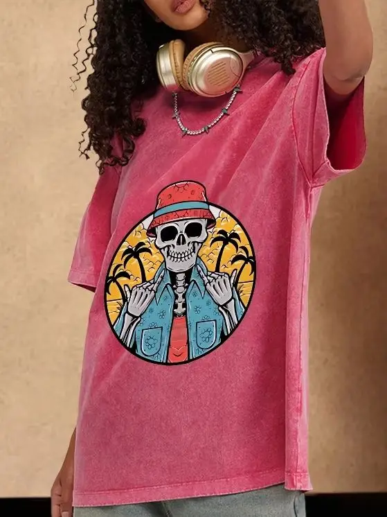 

Casual Seaside Sunset Skull Print T-Shirt Washed Cotton Couple Outfit High Gram Weight Halloween Atmosphere Short Sleeve