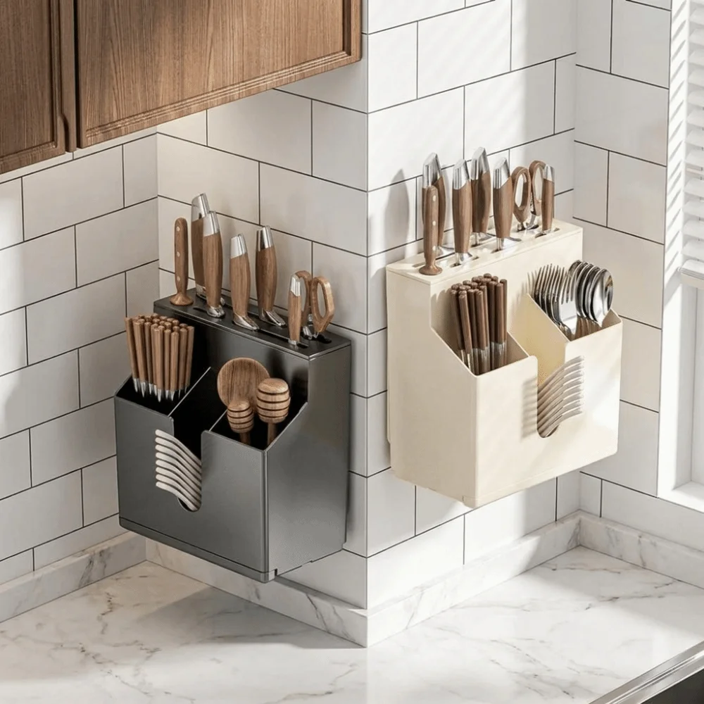 Plastic Integrated Cutlery Holder Wall Mounted Large Capacity Cutter Holder with Drain Tray No Drill Chopstick Storage Rack