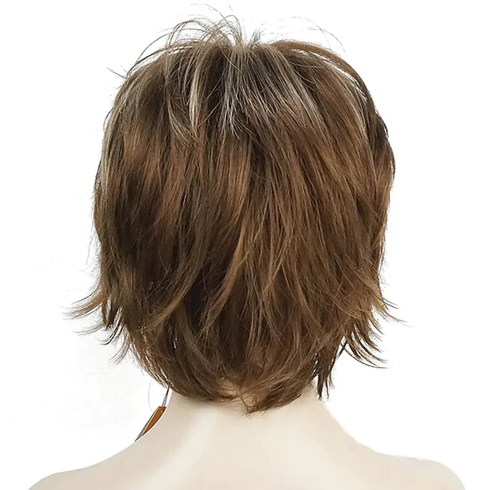 Short natural Layered Shaggy Wavy Full Synthetic Wigs Short Layer Hair Fully Synthetic Wig Brown Highlights Wigs For Women