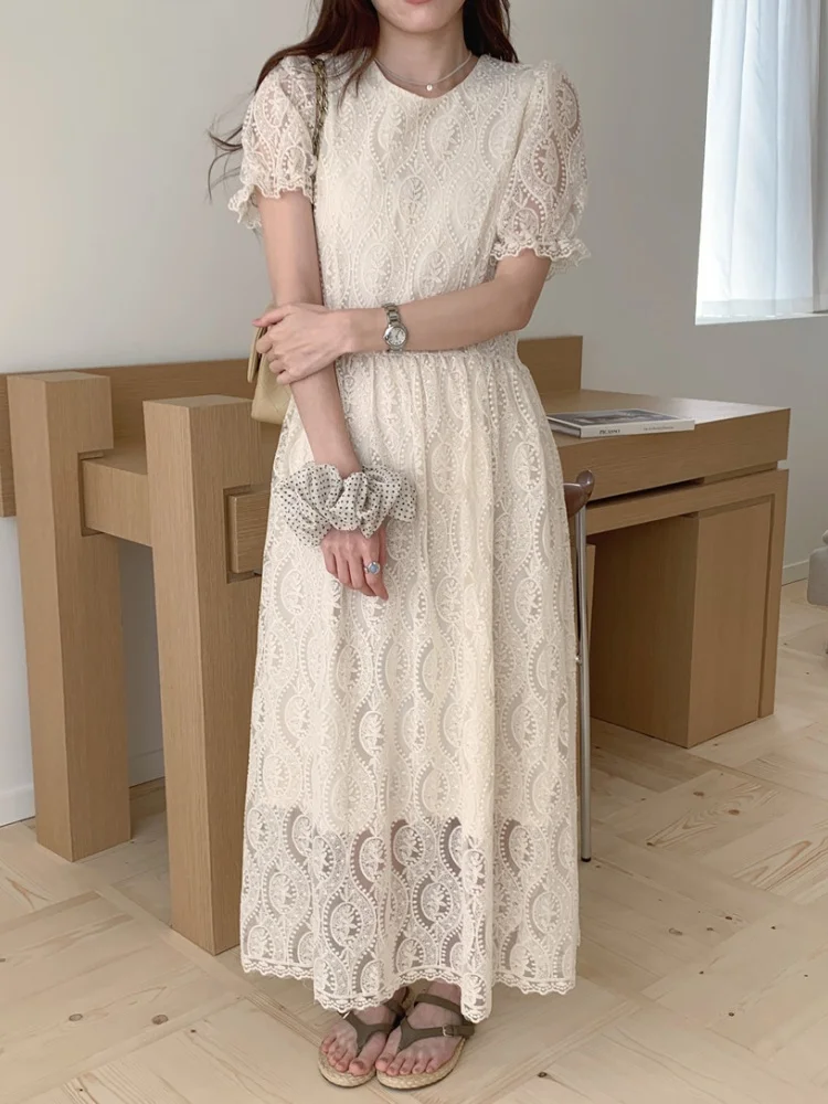 

SMTHMA Gentle Temperament Exquisite Embroidery Flower Summer Dress Women's O-Neck Short Sleeve Slimming Waist Tie Up Long Dress