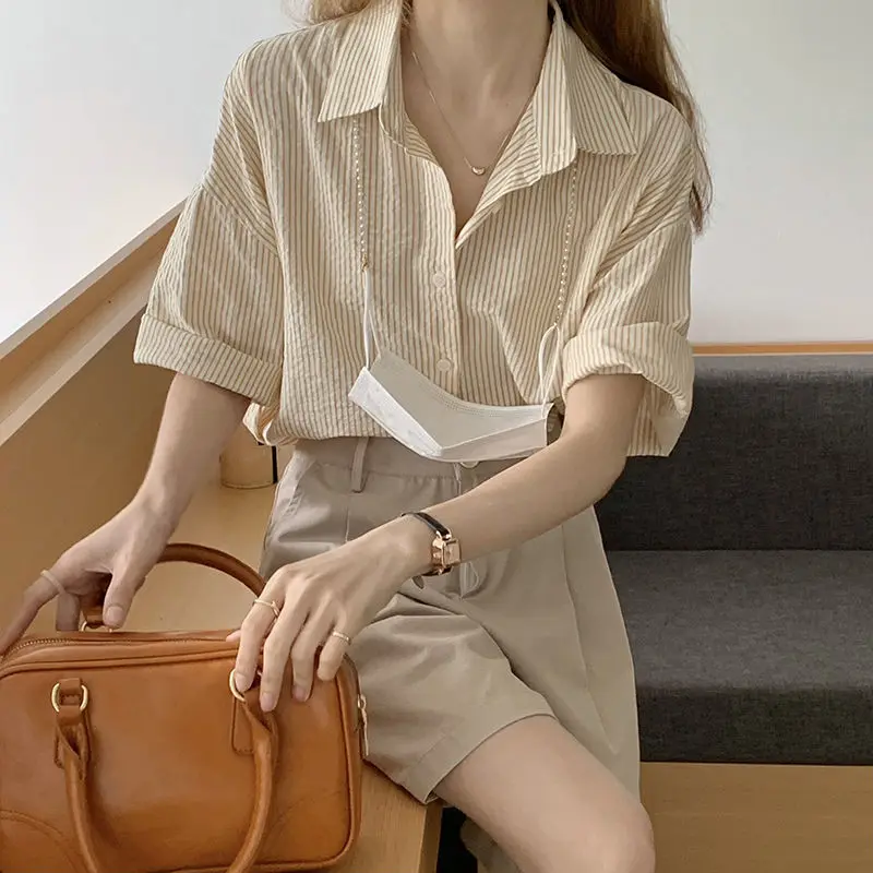 Fashion Refreshing Striped Short Sleeved Shirt Women Niche Summer Young Style 2024 New Korean Loose Appear Thin All-match Tops