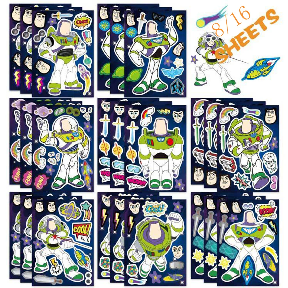 8/16Sheets Disney Toy Story Buzz Lightyear Puzzle Stickers Kids Make A Face DIY Game Children Cartoon Jigsaw Education Toys Gift