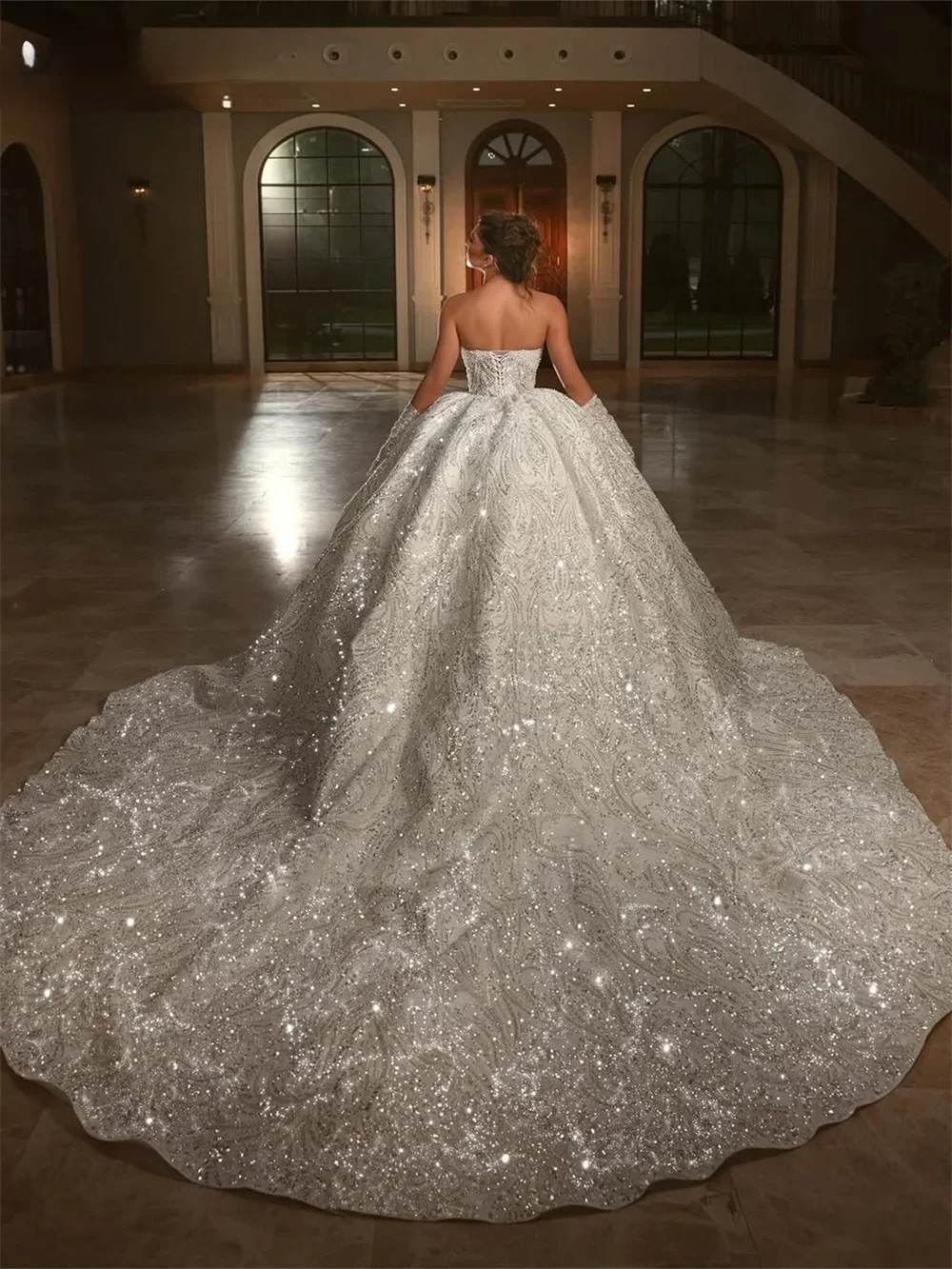 تخصيص الفاخرة الكلاسيكية الحبيب الرقبة اللؤلؤ ثوب الزفاف تألق حمالة الطابق طول الكرة ثوب vestidos de novia #2