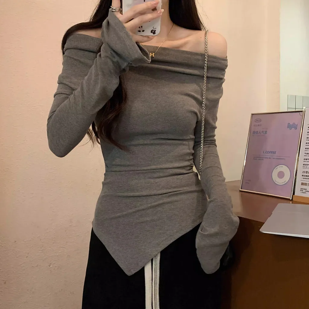 Women Slim Fit Long Sleeve Top Cowl Neck Off Shoulder Irregular Hem Bodycon Tee Casual Y2K Streetwear Blouse