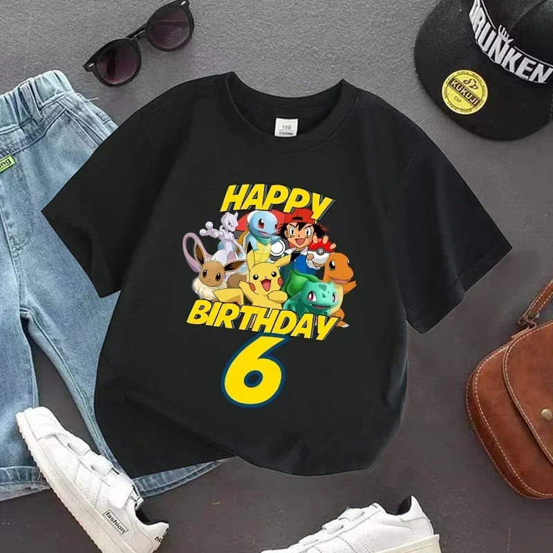 Camiseta de Pikachu con número de cumpleaños para bebé, ropa de verano de Pokémon, camisetas de algodón de dibujos animados para niños, camisetas de