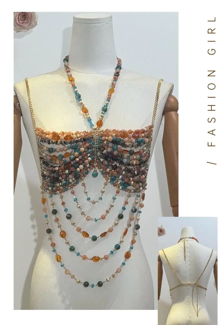 Acrylic Bead Hanging Neck Versatile Hollow Body Chain Niche Bra Sexy Colorful Bead Strapless Hawaiian Vacation Bead Top