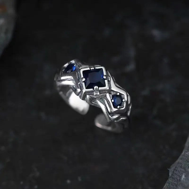 Silver New Lone Star Blue Zircon Ring Vintage, Unique, Unique, Single Ring Versatile, Adjustable, Men's and Women's Jewelry